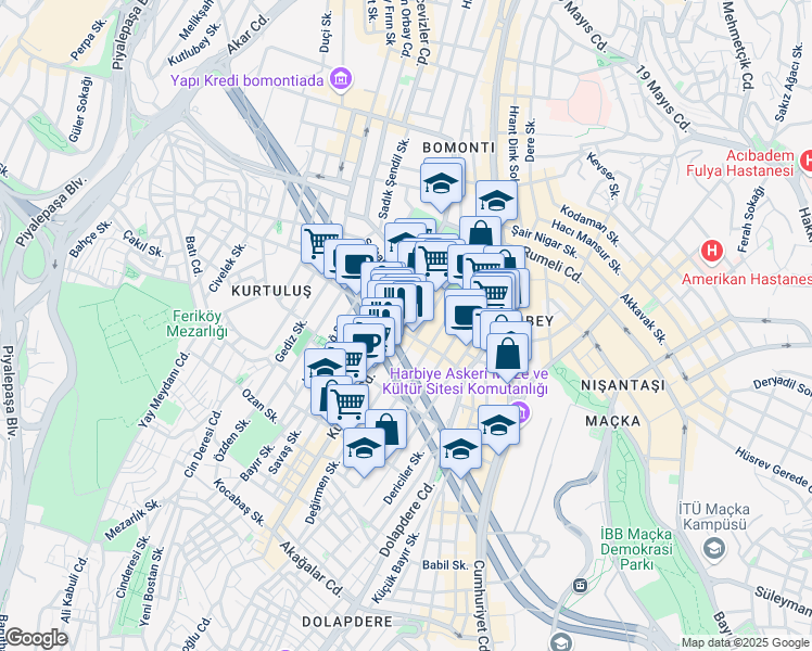 map of restaurants, bars, coffee shops, grocery stores, and more near 39 Kurtuluş Caddesi in Şişli