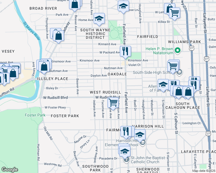 map of restaurants, bars, coffee shops, grocery stores, and more near 3714 South Wayne Avenue in Fort Wayne