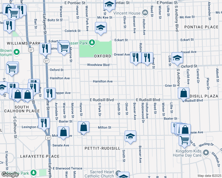map of restaurants, bars, coffee shops, grocery stores, and more near 3715 Gaywood Drive in Fort Wayne