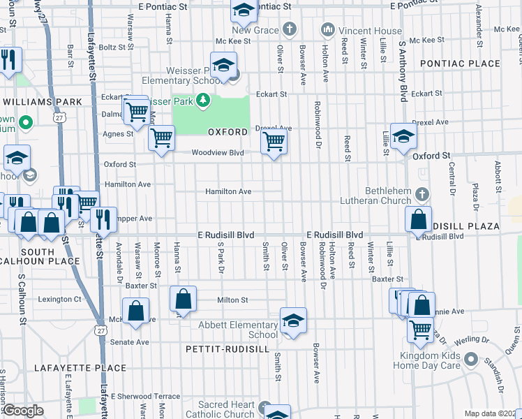 map of restaurants, bars, coffee shops, grocery stores, and more near 3714 Smith Street in Fort Wayne