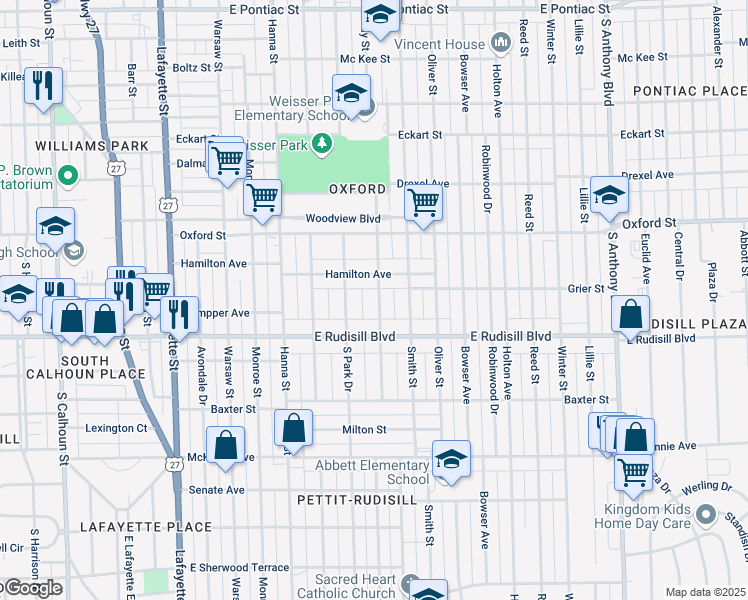 map of restaurants, bars, coffee shops, grocery stores, and more near 3714 Gaywood Drive in Fort Wayne