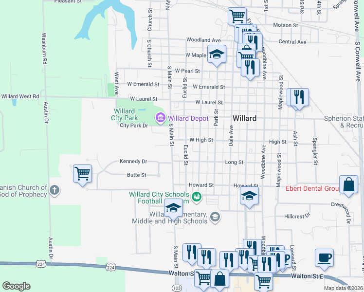 map of restaurants, bars, coffee shops, grocery stores, and more near 531 South Main Street in Willard