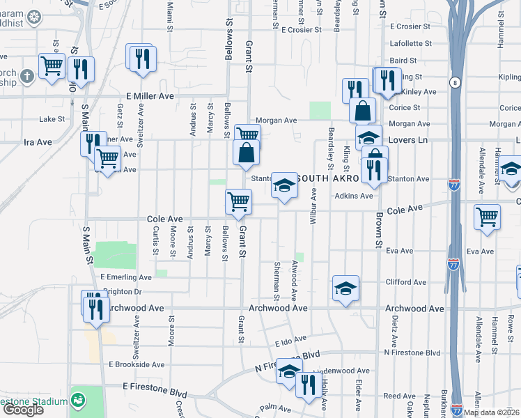 map of restaurants, bars, coffee shops, grocery stores, and more near 1136 Hinman Court in Akron