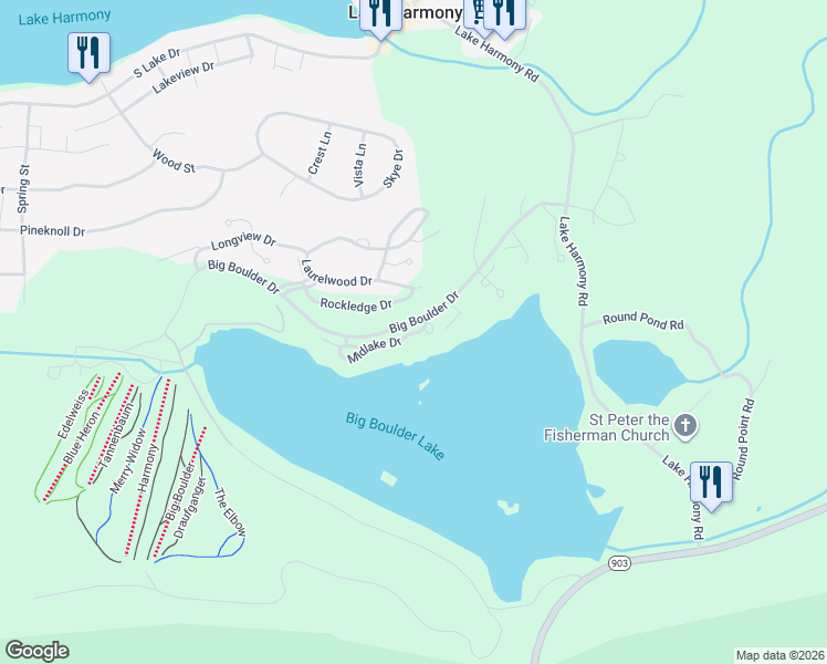 map of restaurants, bars, coffee shops, grocery stores, and more near Rockledge Drive in Lake Harmony