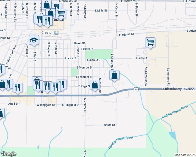 map of restaurants, bars, coffee shops, grocery stores, and more near 600 South Mulberry Street in Creston
