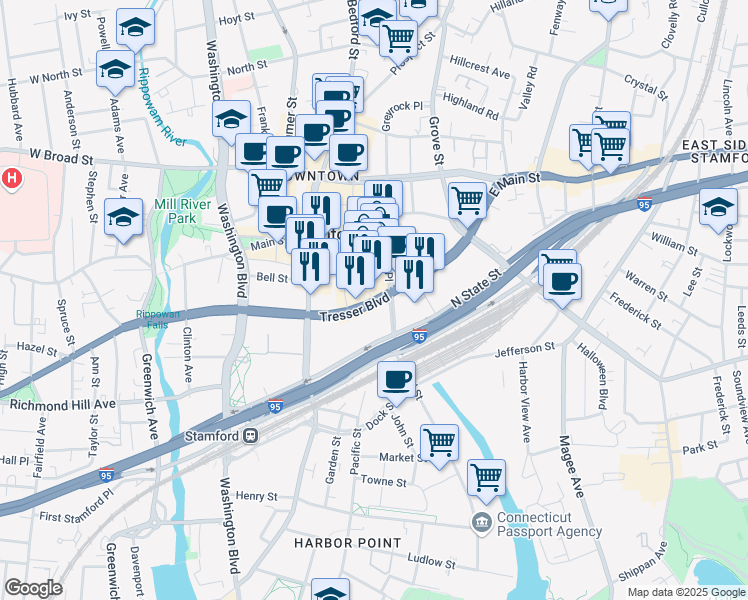 map of restaurants, bars, coffee shops, grocery stores, and more near 230 Tresser Blvd in Stamford