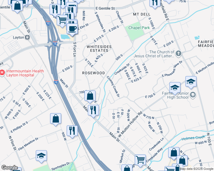 map of restaurants, bars, coffee shops, grocery stores, and more near 522 Country Creek Drive in Layton