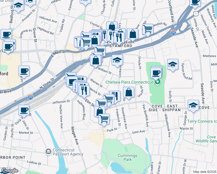 map of restaurants, bars, coffee shops, grocery stores, and more near 31 Lee Street in Stamford