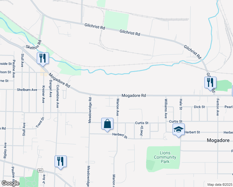 map of restaurants, bars, coffee shops, grocery stores, and more near 3391 Mogadore Road in Mogadore