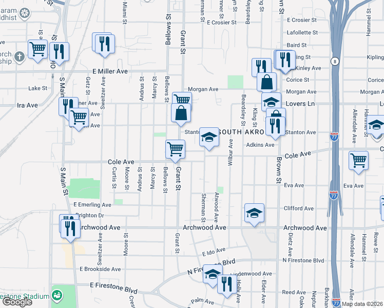 map of restaurants, bars, coffee shops, grocery stores, and more near 1136 Hinman Court in Akron