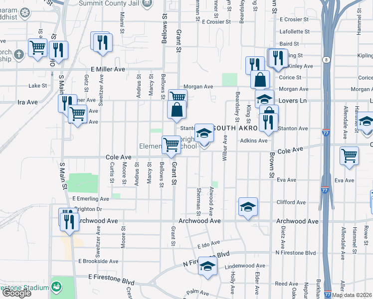 map of restaurants, bars, coffee shops, grocery stores, and more near 1136 Hinman Court in Akron