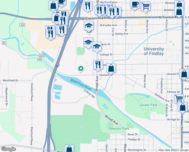 map of restaurants, bars, coffee shops, grocery stores, and more near 816 Howard Street in Findlay