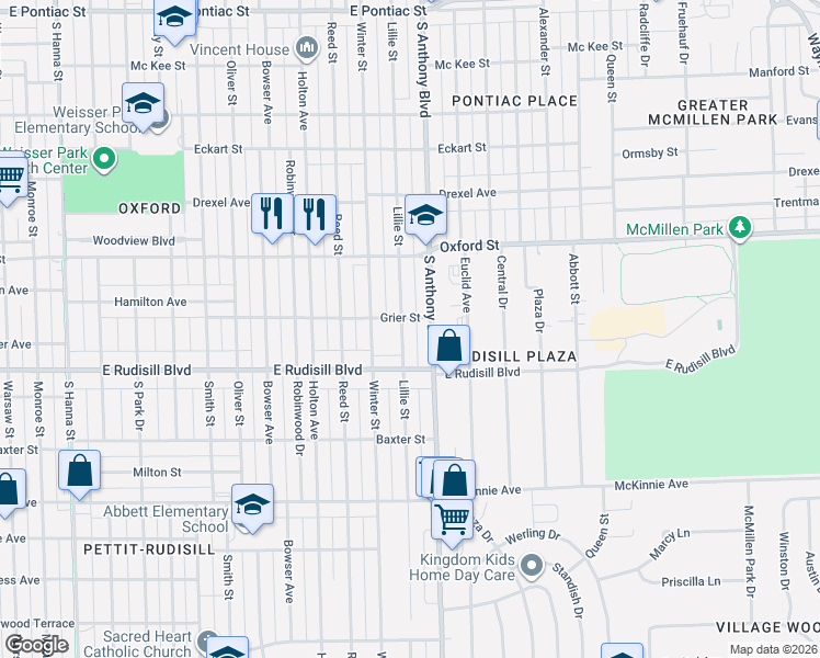 map of restaurants, bars, coffee shops, grocery stores, and more near 3615 Lillie Street in Fort Wayne