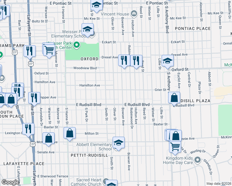 map of restaurants, bars, coffee shops, grocery stores, and more near 3622 Bowser Avenue in Fort Wayne