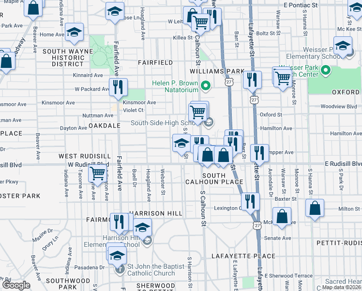 map of restaurants, bars, coffee shops, grocery stores, and more near 3625 South Harrison Street in Fort Wayne