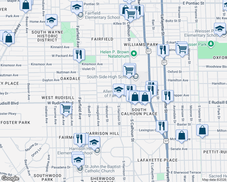 map of restaurants, bars, coffee shops, grocery stores, and more near 3625 Webster Street in Fort Wayne