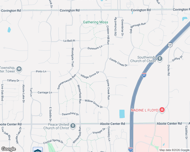 map of restaurants, bars, coffee shops, grocery stores, and more near 8820 Village Grove Drive in Fort Wayne