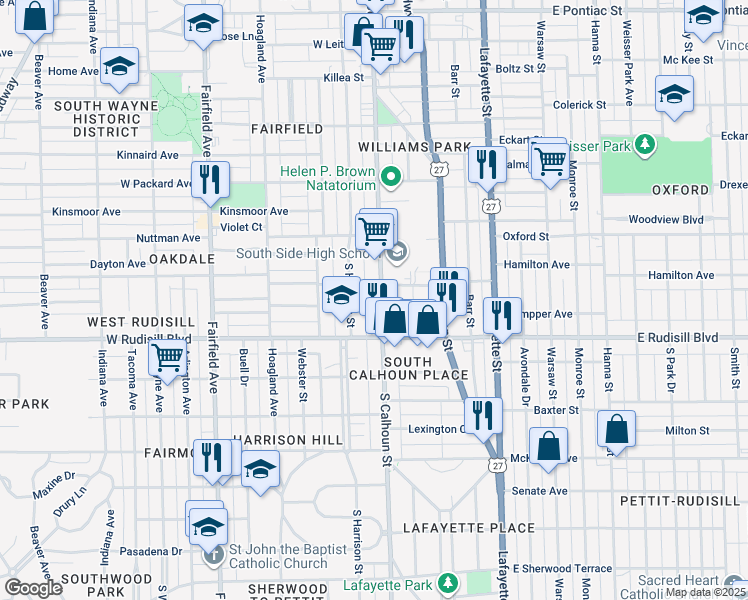 map of restaurants, bars, coffee shops, grocery stores, and more near 101-165 East Oakdale Drive in Fort Wayne