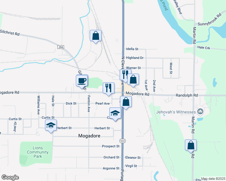 map of restaurants, bars, coffee shops, grocery stores, and more near 3885 Mogadore Road in Mogadore