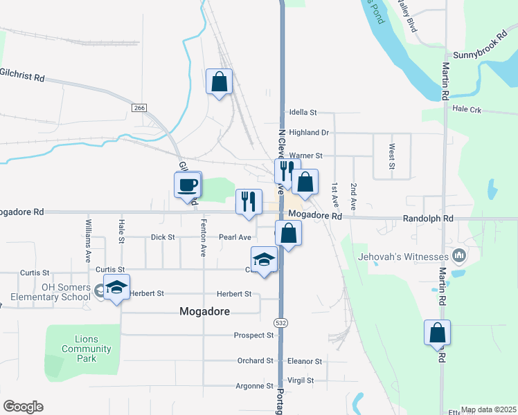 map of restaurants, bars, coffee shops, grocery stores, and more near 3885 Mogadore Road in Mogadore