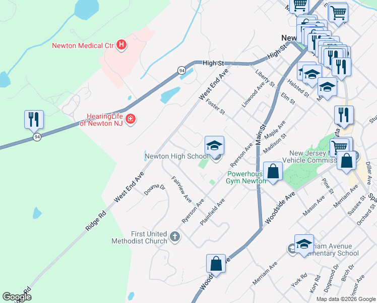 map of restaurants, bars, coffee shops, grocery stores, and more near 9 Ridge View Road in Newton
