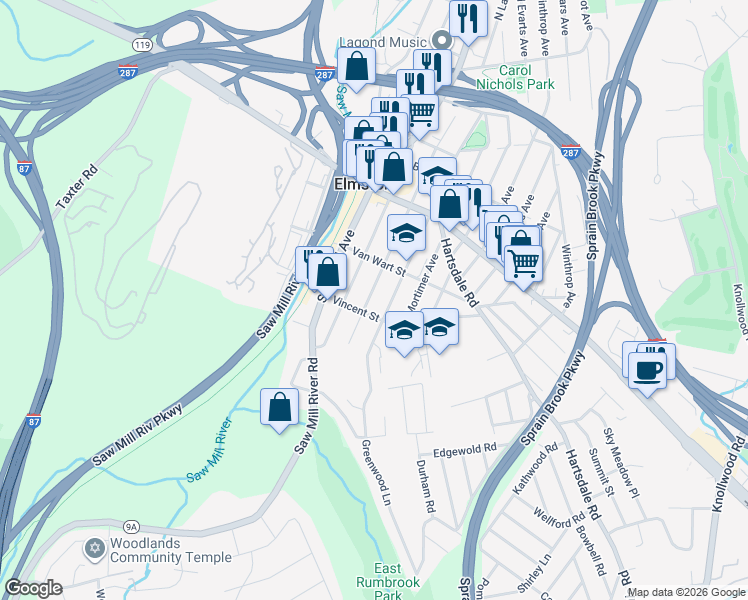 map of restaurants, bars, coffee shops, grocery stores, and more near 46 South Lawn Avenue in Elmsford