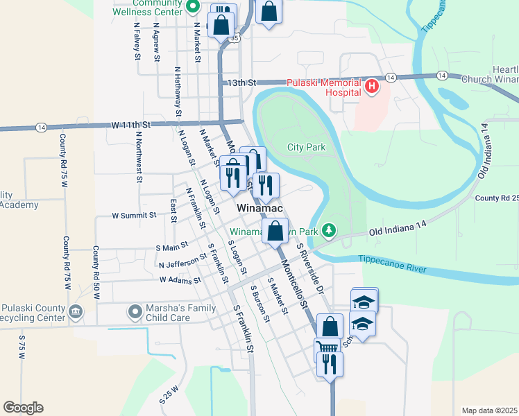 map of restaurants, bars, coffee shops, grocery stores, and more near in Winamac