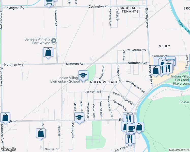 map of restaurants, bars, coffee shops, grocery stores, and more near 3700 Wenonah Lane in Fort Wayne