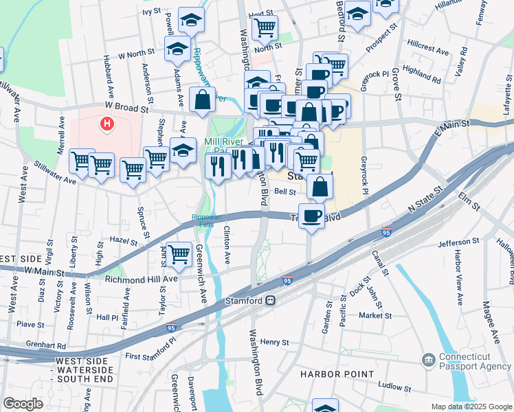 map of restaurants, bars, coffee shops, grocery stores, and more near 888 Washington Boulevard in Stamford
