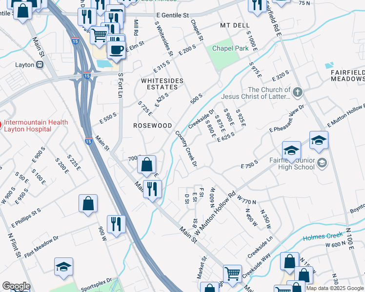 map of restaurants, bars, coffee shops, grocery stores, and more near 522 Country Creek Drive in Layton