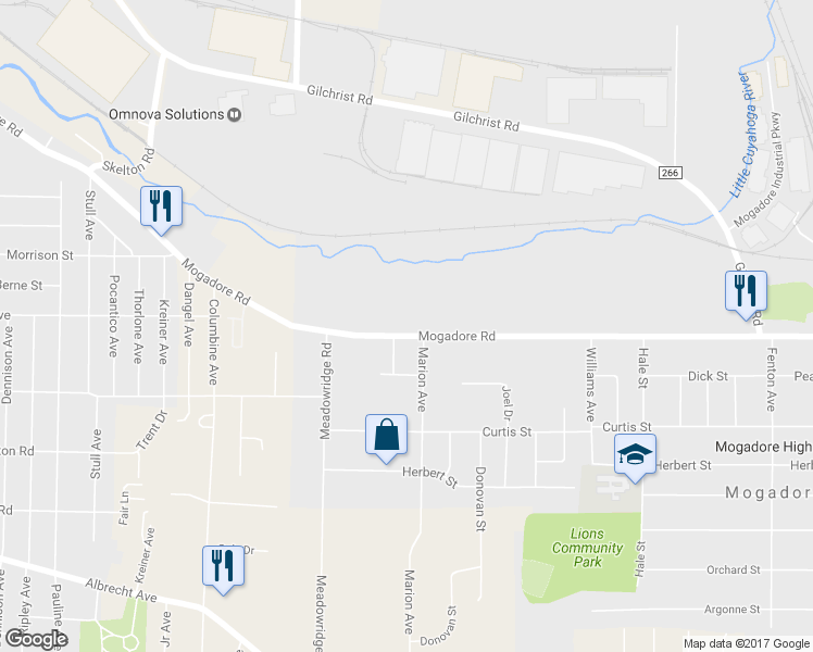 map of restaurants, bars, coffee shops, grocery stores, and more near 3391 Mogadore Road in Mogadore