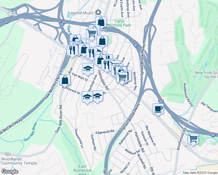 map of restaurants, bars, coffee shops, grocery stores, and more near 5 South Perkins Avenue in Elmsford