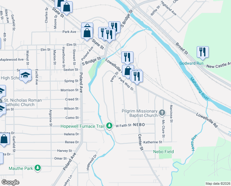 map of restaurants, bars, coffee shops, grocery stores, and more near 81 Perry Street in Struthers
