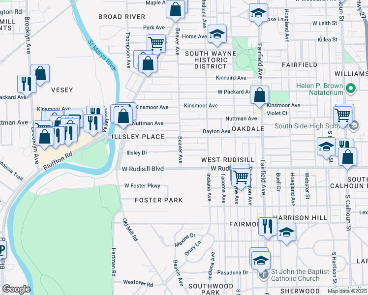 map of restaurants, bars, coffee shops, grocery stores, and more near 1014 Illsley Drive in Fort Wayne