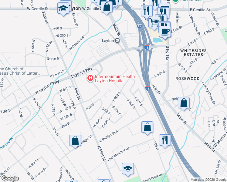 map of restaurants, bars, coffee shops, grocery stores, and more near 753 South 175 East in Layton