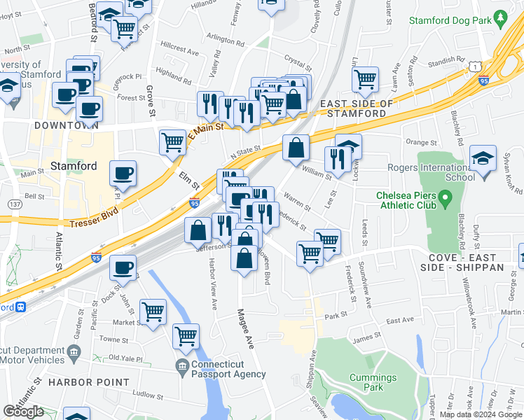 map of restaurants, bars, coffee shops, grocery stores, and more near 129 Myrtle Avenue in Stamford