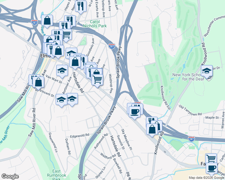 map of restaurants, bars, coffee shops, grocery stores, and more near 6 Crest Place in Elmsford