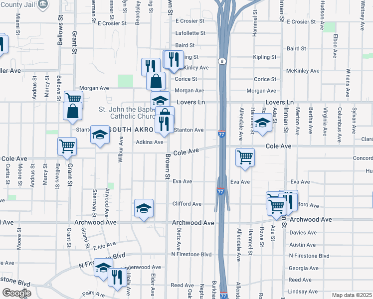 map of restaurants, bars, coffee shops, grocery stores, and more near 1089 Dietz Avenue in Akron