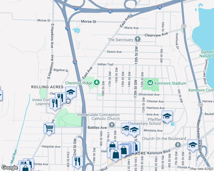 map of restaurants, bars, coffee shops, grocery stores, and more near 1899 17th Street Southwest in Akron