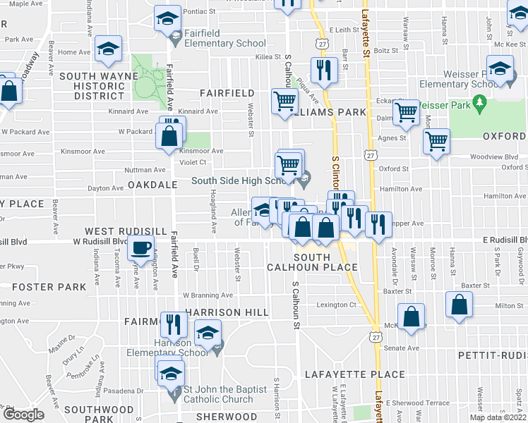 map of restaurants, bars, coffee shops, grocery stores, and more near 3625 South Harrison Street in Fort Wayne