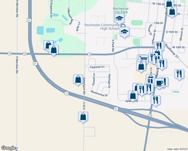 map of restaurants, bars, coffee shops, grocery stores, and more near Sunset Lane in Rochester