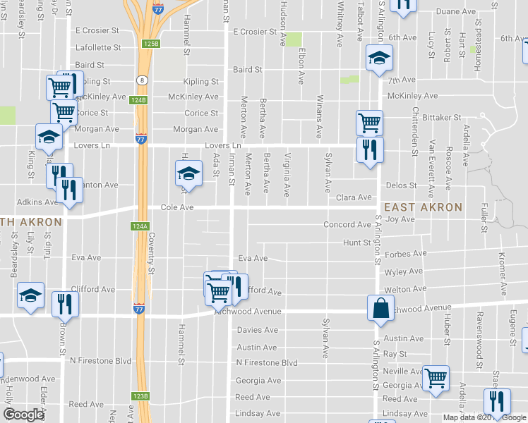 map of restaurants, bars, coffee shops, grocery stores, and more near 840 Cole Avenue in Akron