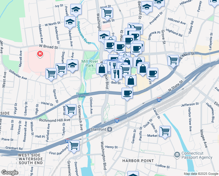 map of restaurants, bars, coffee shops, grocery stores, and more near 100 Tresser Boulevard in Stamford