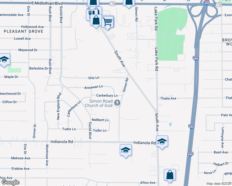 map of restaurants, bars, coffee shops, grocery stores, and more near 4618 Simon Road in Youngstown