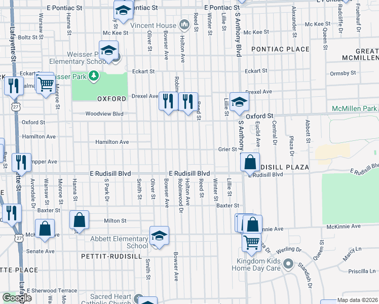 map of restaurants, bars, coffee shops, grocery stores, and more near 3618 Reed Street in Fort Wayne