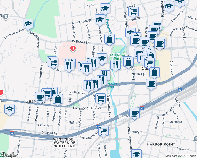 map of restaurants, bars, coffee shops, grocery stores, and more near 53 Stillwater Avenue in Stamford