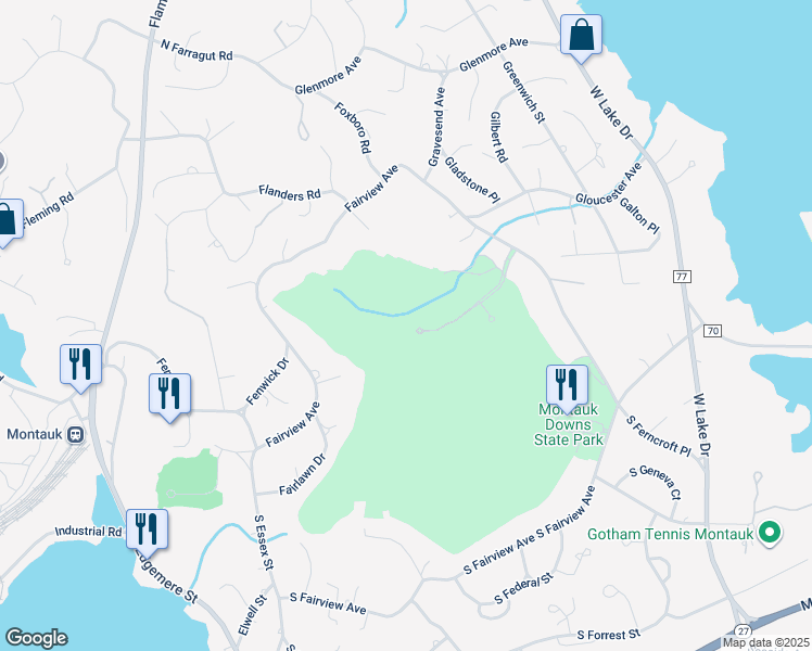 map of restaurants, bars, coffee shops, grocery stores, and more near 30 Fairway Place in Montauk