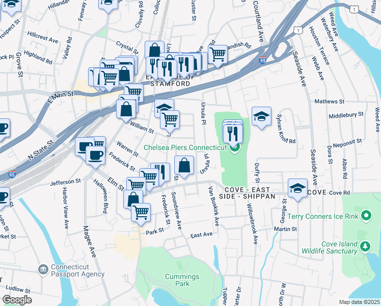 map of restaurants, bars, coffee shops, grocery stores, and more near 48 Woodrow Street in Stamford