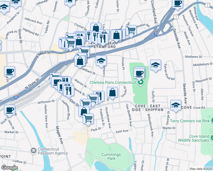 map of restaurants, bars, coffee shops, grocery stores, and more near 16 Woodrow Street in Stamford