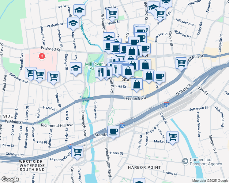 map of restaurants, bars, coffee shops, grocery stores, and more near 895 Washington Boulevard in Stamford